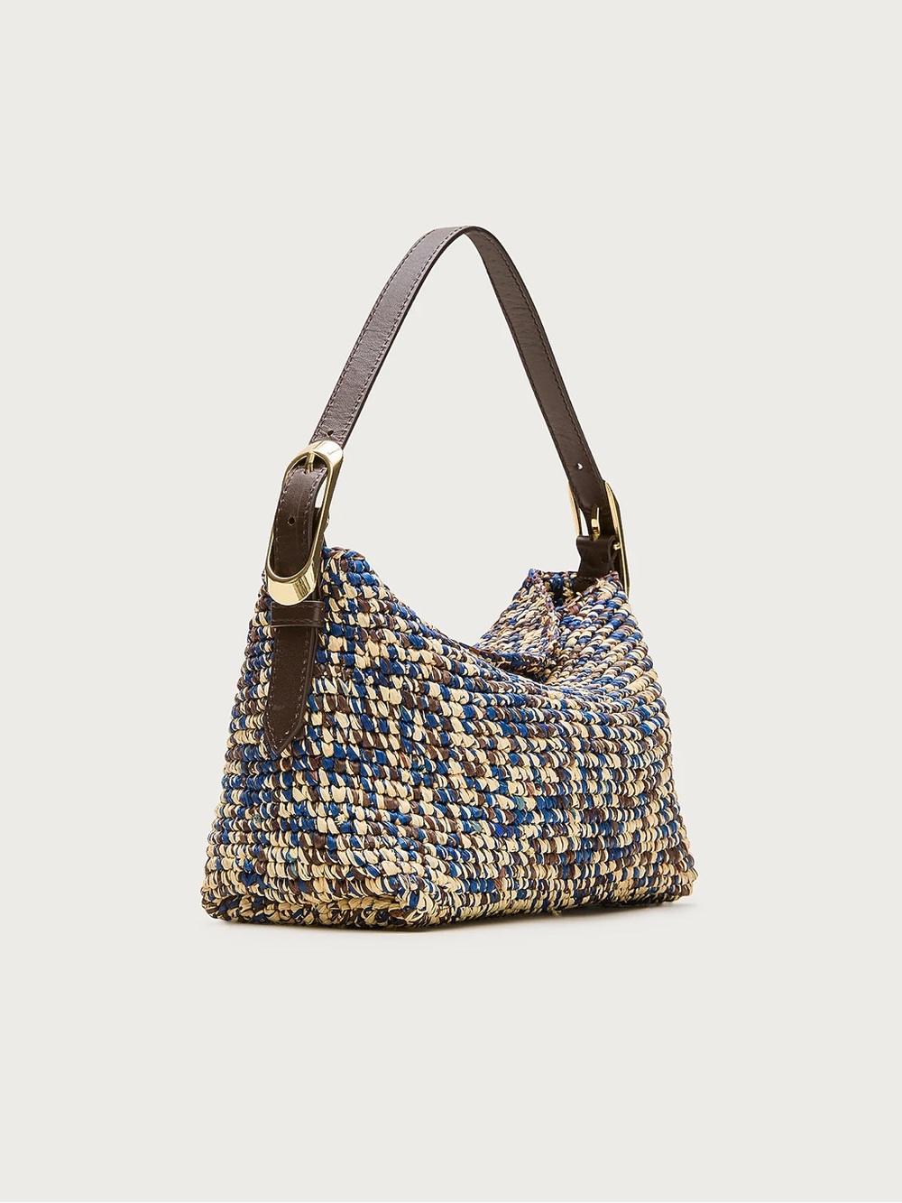J. Crew Blue and Beige Woven Shoulder Bag with Brown Strap